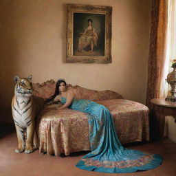 Ninfa con un Tigre estilo barroco, un Pavo Real estilo barroco en un cuarto de versaiiles Estilo Guillermo Lorca