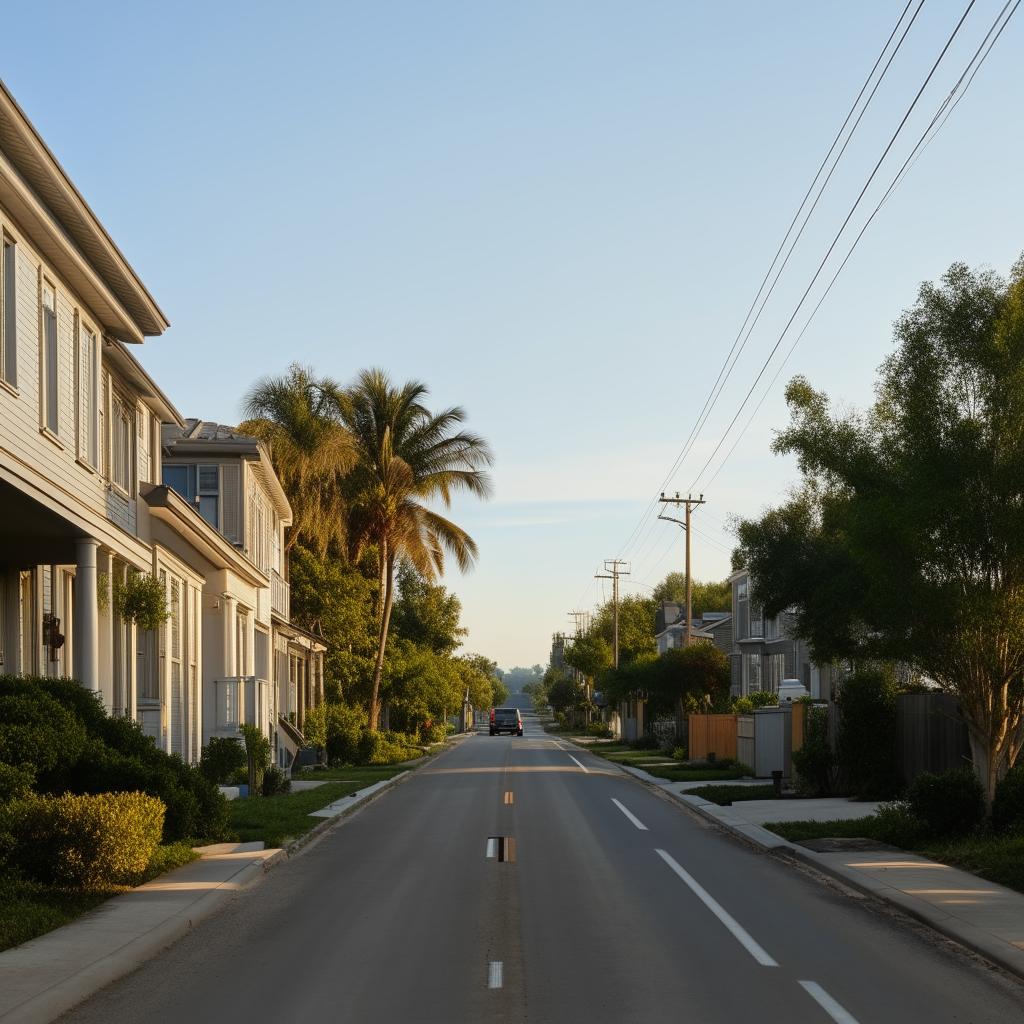 A street view of a tranquil 1-lane neighborhood road during daytime, featuring a few scattered cars, devoid of human traffic.