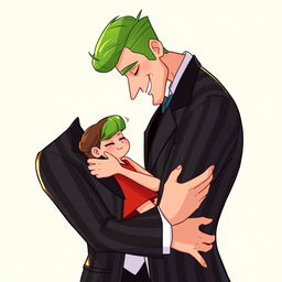 A tall cartoon man with vibrant green hair in a stylish black and white striped suit is tenderly embracing a tiny woman