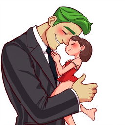 A tall cartoon man with vibrant green hair in a stylish black and white striped suit is tenderly embracing a tiny woman