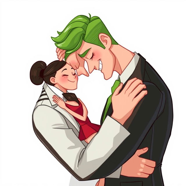 A tall cartoon man with vibrant green hair in a stylish black and white striped suit is tenderly embracing a tiny woman