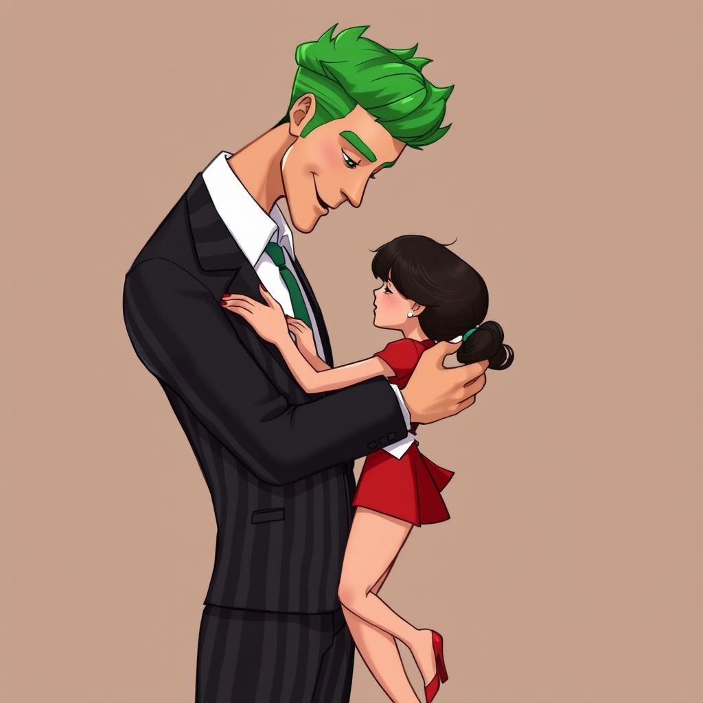 A tall cartoon man with vibrant green hair in a stylish black and white striped suit is tenderly embracing a tiny woman