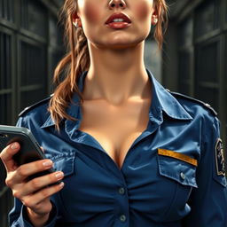 A close-up shot of a sexy female police officer with brunette hair styled in a ponytail
