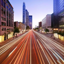 Street-level view of a day-lit 2-lane city road with a sparse scattering of cars and no human traffic, creating a serene cityscape.