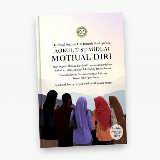 A book cover design for a module titled 'Modul Regulasi Motivasi Diri Berbasis Spiritual untuk Meningkatkan Kemampuan Santri dalam Mencegah Bullying Teman Sebaya pada Santri'