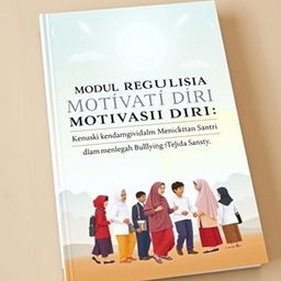 A book cover design for a module titled 'Modul Regulasi Motivasi Diri Berbasis Spiritual untuk Meningkatkan Kemampuan Santri dalam Mencegah Bullying Teman Sebaya pada Santri'