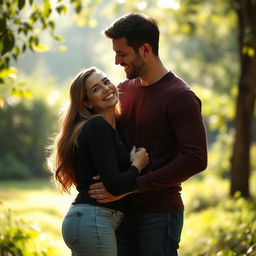 An intimate and romantic scene featuring a couple standing together, embracing each other in a subtle and affectionate manner