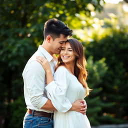 An intimate and romantic scene featuring a couple standing together, embracing each other in a subtle and affectionate manner