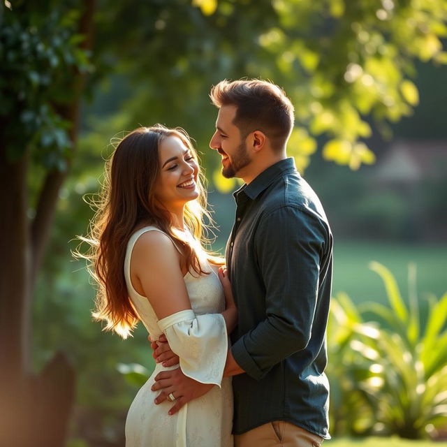 An intimate and romantic scene featuring a couple standing together, embracing each other in a subtle and affectionate manner