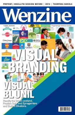 A dynamic magazine cover showcasing the theme of visual branding in academic institutions