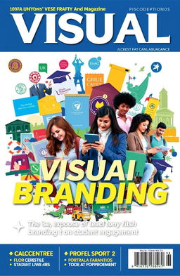 A dynamic magazine cover showcasing the theme of visual branding in academic institutions