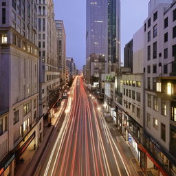 Street-level view of a day-lit 2-lane city road with a sparse scattering of cars and no human traffic, creating a serene cityscape.