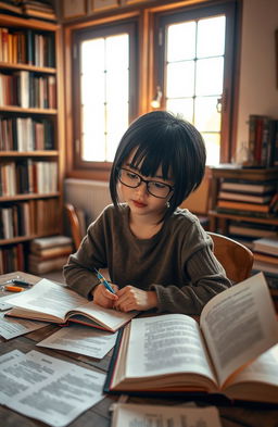 A short girl with sleek black hair and glasses, deeply immersed in writing poetry