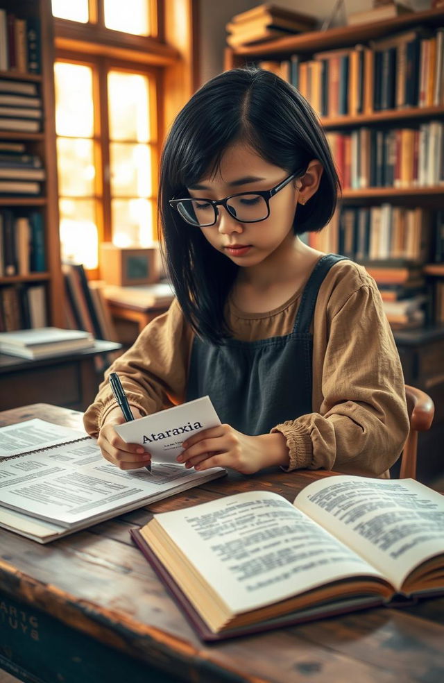 A short girl with sleek black hair and glasses, deeply immersed in writing poetry