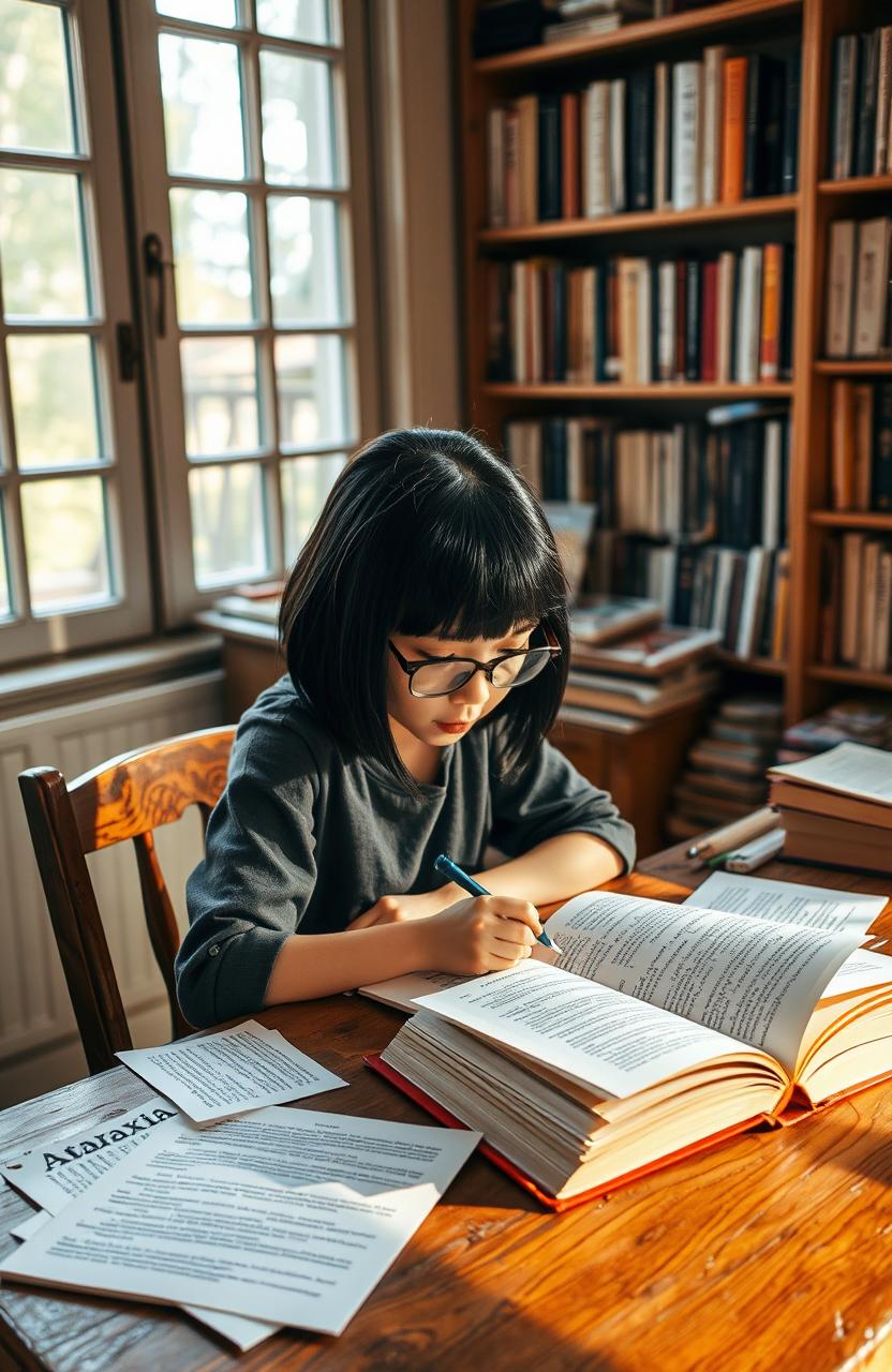 A short girl with sleek black hair and glasses, deeply immersed in writing poetry