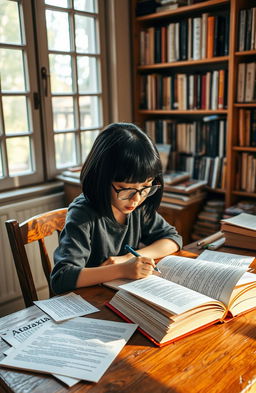 A short girl with sleek black hair and glasses, deeply immersed in writing poetry