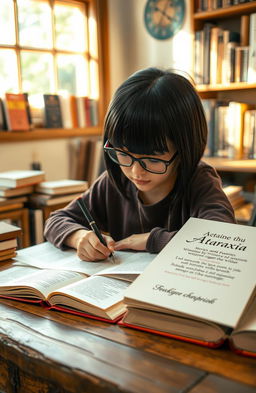 A short girl with sleek black hair and glasses, deeply immersed in writing poetry