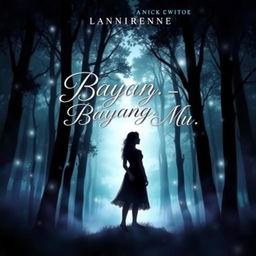 An enchanting book cover design for 'Bayang - Bayang Mu', featuring an ethereal silhouette of a person standing against a backdrop of a mystical forest