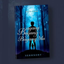 An enchanting book cover design for 'Bayang - Bayang Mu', featuring an ethereal silhouette of a person standing against a backdrop of a mystical forest