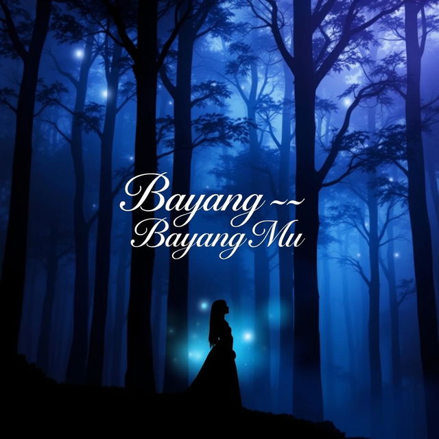 An enchanting book cover design for 'Bayang - Bayang Mu', featuring an ethereal silhouette of a person standing against a backdrop of a mystical forest