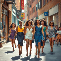 A scene depicting an artistic interpretation of a street view featuring elegant, confident women walking freely