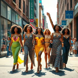 A scene depicting an artistic interpretation of a street view featuring elegant, confident women walking freely