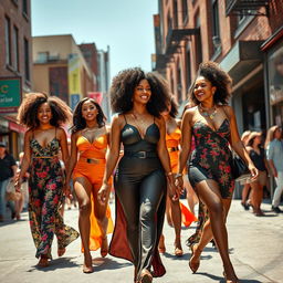 A scene depicting an artistic interpretation of a street view featuring elegant, confident women walking freely