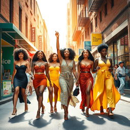 A scene depicting an artistic interpretation of a street view featuring elegant, confident women walking freely