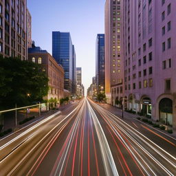 Street-level view of a day-lit 2-lane city road with a sparse scattering of cars and no human traffic, creating a serene cityscape.