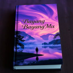 A captivating book cover design for 'Bayang Bayang Mu', featuring a mystical landscape with a silhouette of a person standing at the edge of a serene lake during twilight
