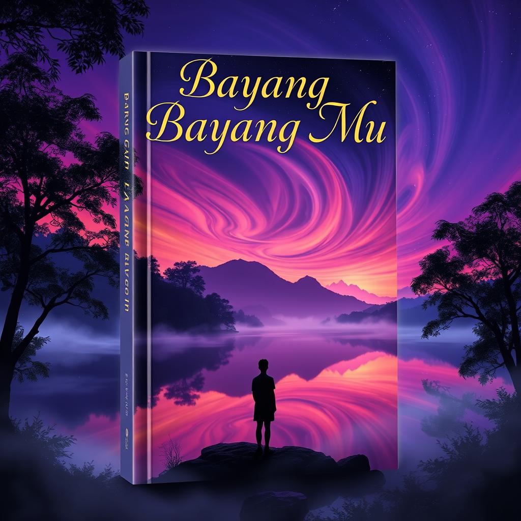 A captivating book cover design for 'Bayang Bayang Mu', featuring a mystical landscape with a silhouette of a person standing at the edge of a serene lake during twilight