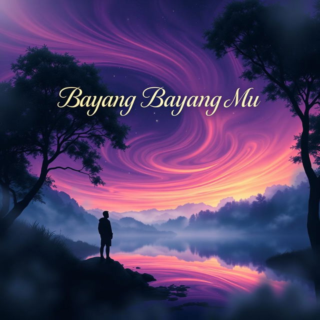 A captivating book cover design for 'Bayang Bayang Mu', featuring a mystical landscape with a silhouette of a person standing at the edge of a serene lake during twilight