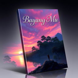 A mesmerizing book cover design for 'Bayang Bayang Mu', illustrating a serene landscape at dusk