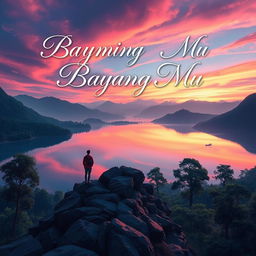 A mesmerizing book cover design for 'Bayang Bayang Mu', illustrating a serene landscape at dusk