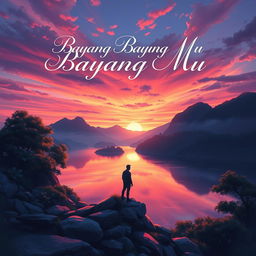A mesmerizing book cover design for 'Bayang Bayang Mu', illustrating a serene landscape at dusk