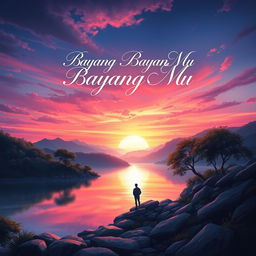 A mesmerizing book cover design for 'Bayang Bayang Mu', illustrating a serene landscape at dusk