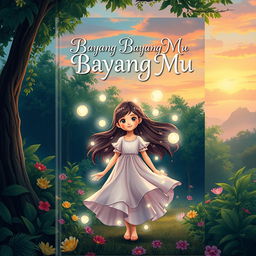 A stunning book cover design for 'Bayang Bayang Mu', featuring the main character, a young girl, standing confidently in a dreamy forest