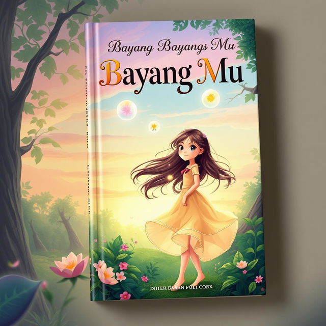 A stunning book cover design for 'Bayang Bayang Mu', featuring the main character, a young girl, standing confidently in a dreamy forest