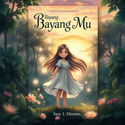 A stunning book cover design for 'Bayang Bayang Mu', featuring the main character, a young girl, standing confidently in a dreamy forest