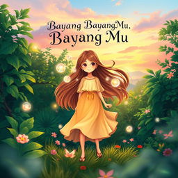 A stunning book cover design for 'Bayang Bayang Mu', featuring the main character, a young girl, standing confidently in a dreamy forest