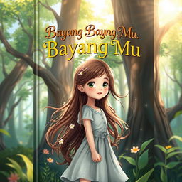 An enchanting book cover design for 'Bayang Bayang Mu', prominently featuring the main character, a young girl with an adventurous spirit