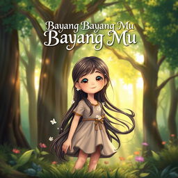 An enchanting book cover design for 'Bayang Bayang Mu', prominently featuring the main character, a young girl with an adventurous spirit