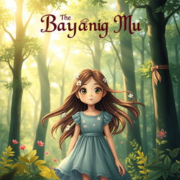 An enchanting book cover design for 'Bayang Bayang Mu', prominently featuring the main character, a young girl with an adventurous spirit