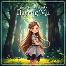 An enchanting book cover design for 'Bayang Bayang Mu', prominently featuring the main character, a young girl with an adventurous spirit