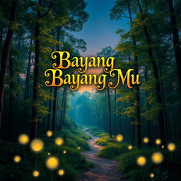 An enchanting book cover design for 'Bayang Bayang Mu', featuring a mystical landscape at twilight