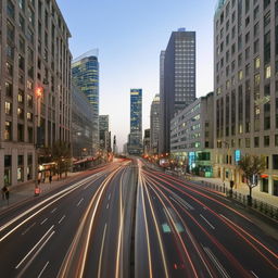 Street-level view of a day-lit 2-lane city road with a sparse scattering of cars and no human traffic, creating a serene cityscape.