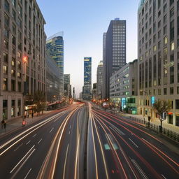 Street-level view of a day-lit 2-lane city road with a sparse scattering of cars and no human traffic, creating a serene cityscape.