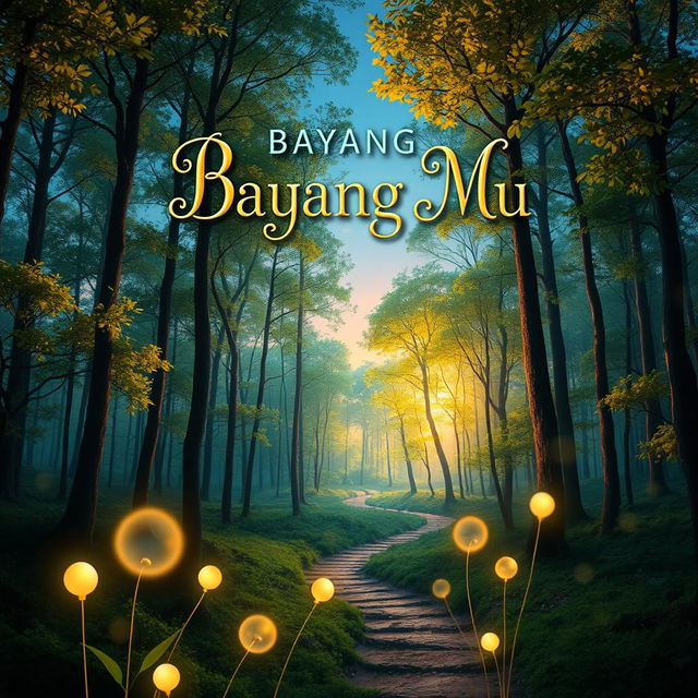 An enchanting book cover design for 'Bayang Bayang Mu', featuring a mystical landscape at twilight