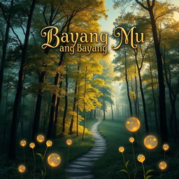An enchanting book cover design for 'Bayang Bayang Mu', featuring a mystical landscape at twilight