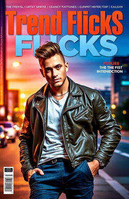 A stylish cover photo for the title 'Trend Flicks', featuring a charismatic male model with a confident expression